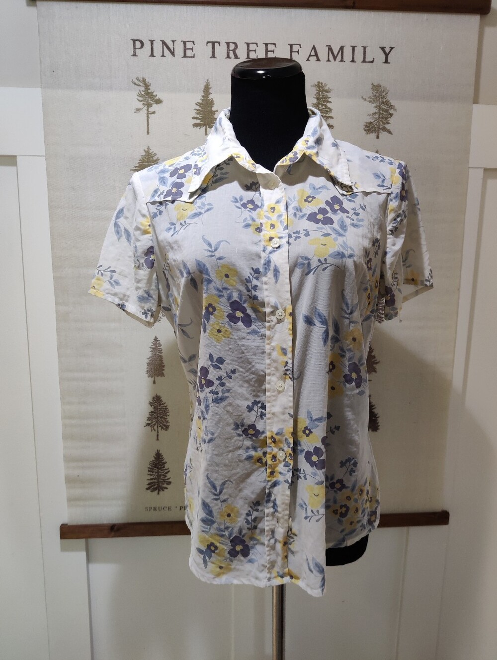 United Colors of Benetton Floral Western Shirt L Cotton Cottagecore Yellow Blue